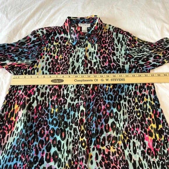 Peck & Peck Women's Multi Color Leopard Print Chiffon Button Down Shirt Top L - Picture 4 of 9